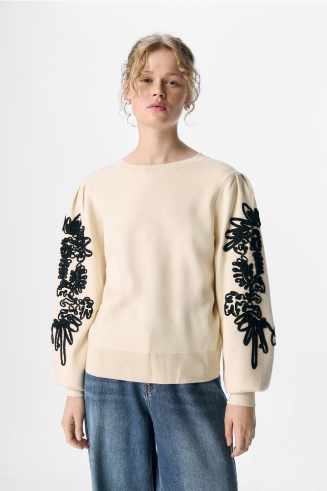 OBJJOANA L/S KNIT PULLOVER NOOS 23040087 Sandshell/Black tape